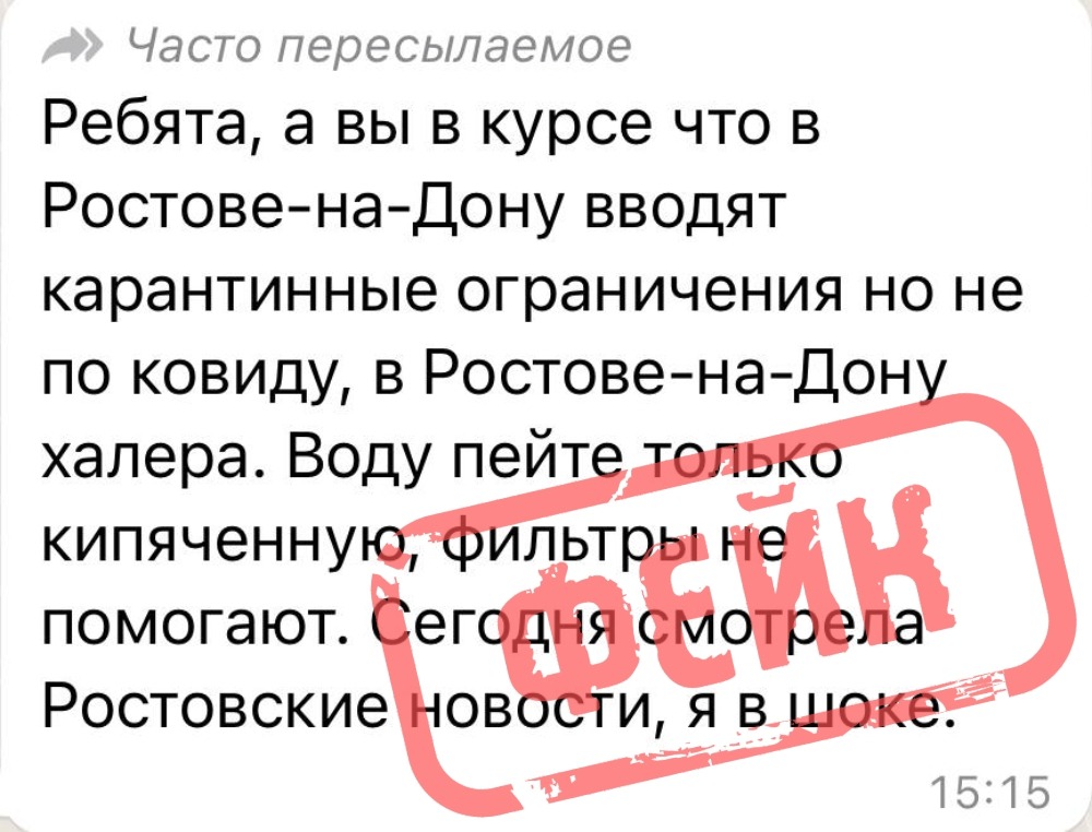 Фейк: в мессенджерах распространяется сообщение о том, что в Ростове введены карантинные ограничения из-за холеры Общие